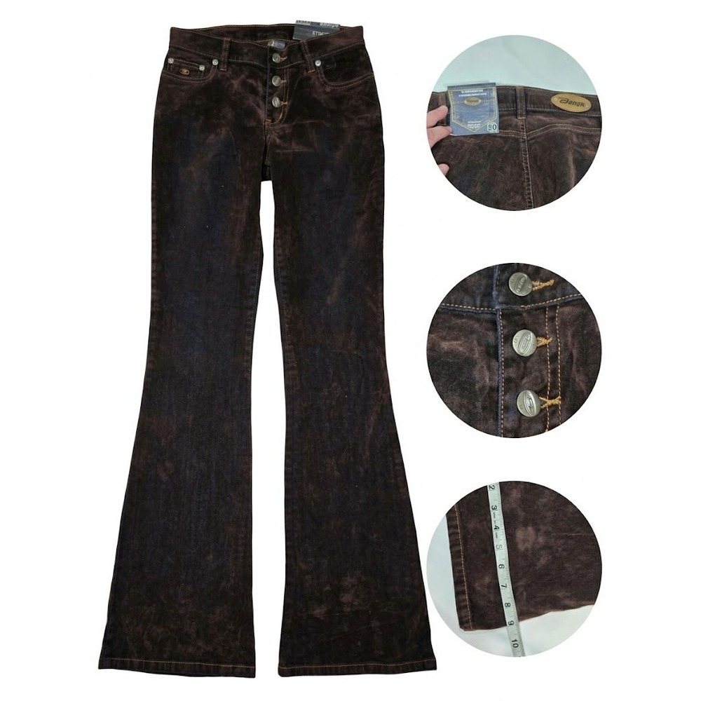VTG Bongo Jeans Low Rise Bell Bottom Flare Pants Brown Blue Flocked NWT 0